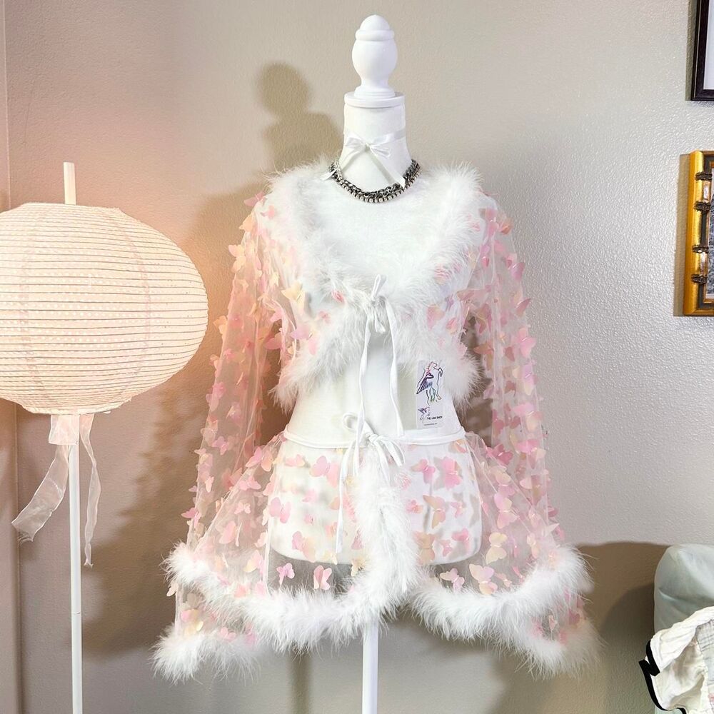 The Lumi Shop pink fuzzy 3D butterfly sheer top & skirt set